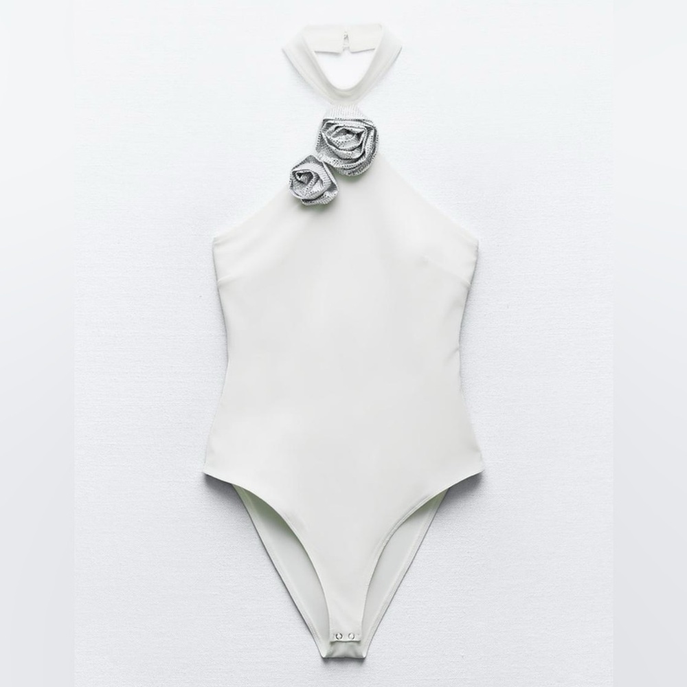 Zara NWT jeweled embellished floral detail halter neck white & silver bodysuit - Picture 2 of 10